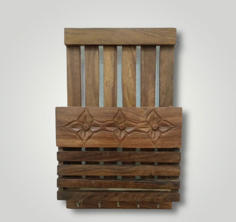 FINE WOOD Wooden Flower Design Letter Rack Wall Hanging/Mounting Letter/Paper Organizer with Key Hooks Holder/Mobile Stand Wooden Wall Shelf  (Number of Shelves - 1, Brown)