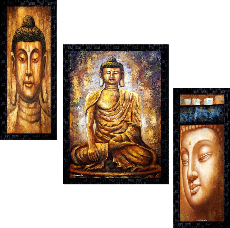 Janki Online Set of 3 God Buddha Modern Art Glass Framed Wall Painting For Home Office and Temple Digital Reprint 14 inch x 11 inch Painting  (With Frame, Pack of 3)