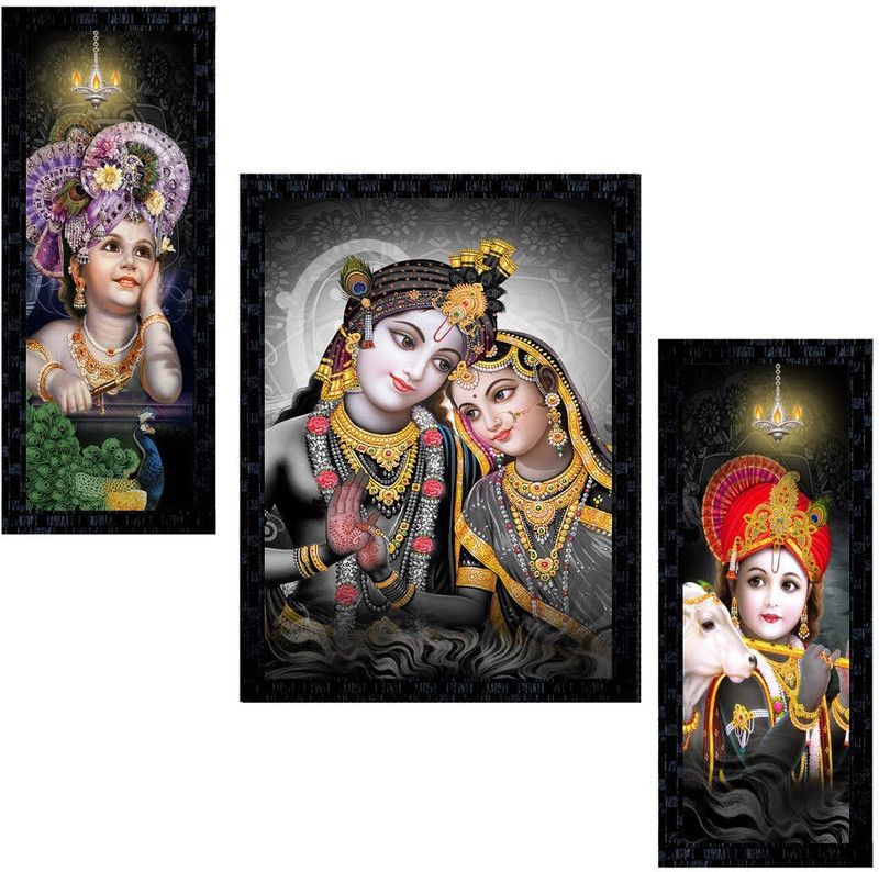 Janki Set of 3 God Radha Krishna Modern Art Glass Framed Wall Painting For Home Office and Temple and Home Décor Digital Reprint 14 inch x 11 inch Painting  (With Frame, Pack of 3)