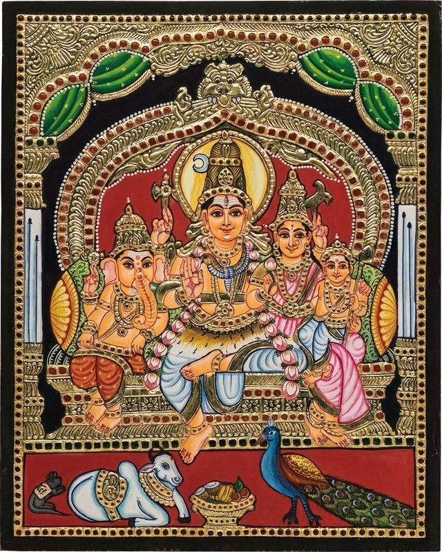 Mangala Arts Sivan Family Antique Tanjore Painting, 24 Carat Gold Foil Painting Natural Colors 16 inch x 20 inch Painting  (With Frame)