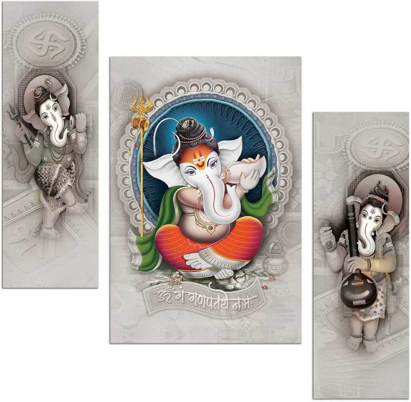 TNFArt Set Of 3 Lord Ganesha Home Décor 3D Digital Reprint 12 inch x 18 inch Painting  (Without Frame, Pack of 3)