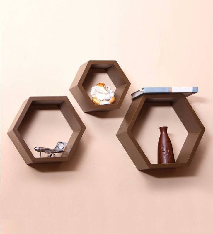 RESHUZ Hexagonal Wall Shelves rack shelf brown Wooden Wall Shelf  (Number of Shelves - 3, Brown)