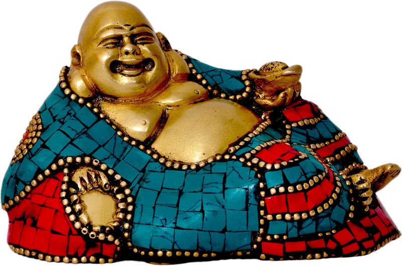 Aesthetic Decors Happyman Lying (Laughing Buddha) W Stone Work Decorative Showpiece - 8.9 cm  (Brass, Multicolor)