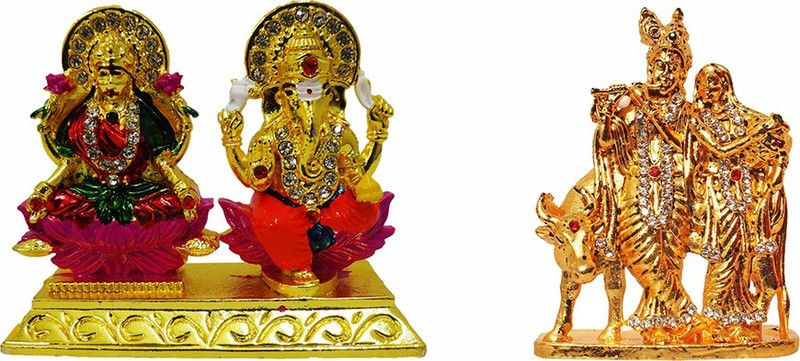 FABZONE Combo of 2 Lord Laxmi Ganesha & Radha Krishna Car Dashboard Statue Goddess Lakshmi Ganpati Idol Spiritual Puja Vastu Figurine - Religious Murti Pooja Gift Item / Home Décor Decorative Showpiece - 8 cm  (Brass, Multicolor)