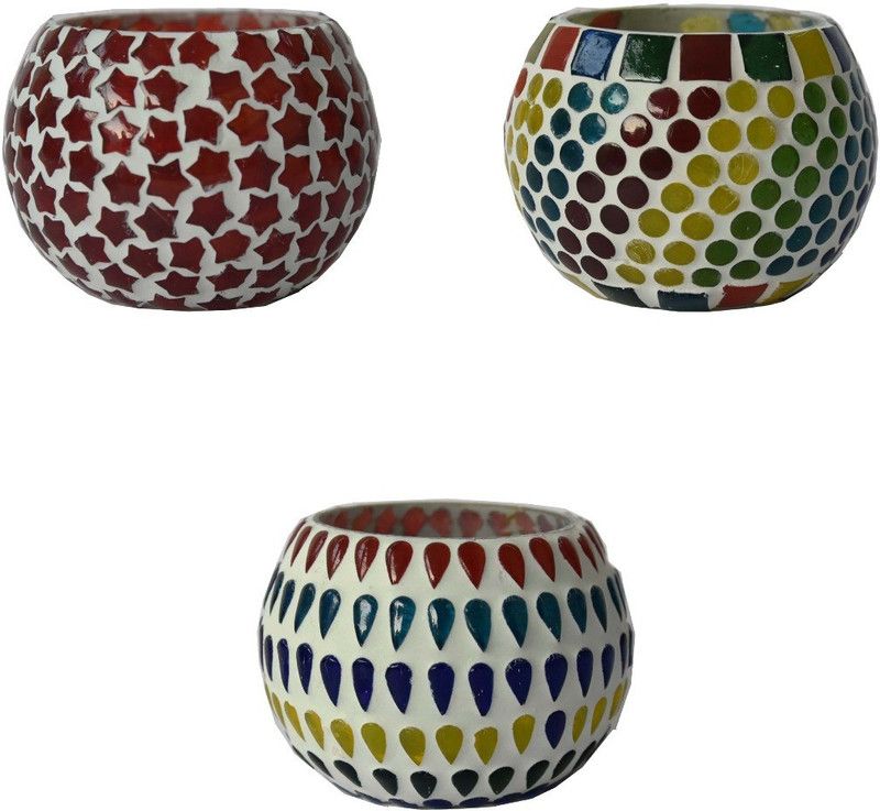 iHandikart Glass 3 - Cup Tealight Holder  (Multicolor, Pack of 3)