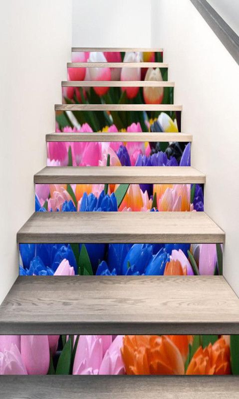 WALL GURU 96.52 cm tulip flower stairs sticker (Multicolor PVC Vinyl) Self Adhesive Sticker  (Pack of 1)