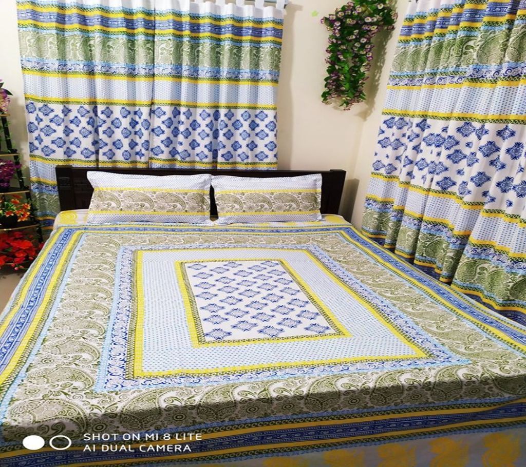 King Size Cotton Multi colors  Block Printed Bed Sheet with Matching 2 Pillow Covers-40