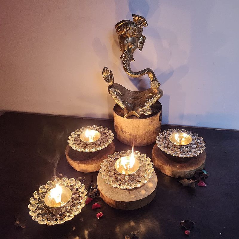amishi blissful decor Crystal Akhand Diya Oil Puja Lamp Brass Metal Decorative Diya Decorative Round Diya for Home Office Dipawali Gifts Pooja Articles Décor Brass (Pack of 4) Table Diya Set  (Height: 2 inch)