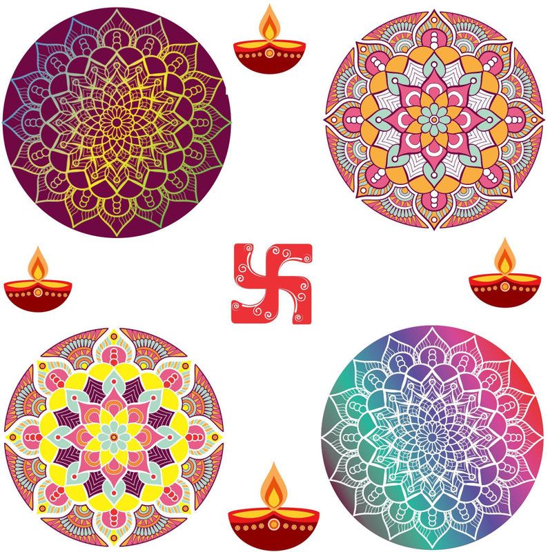 Decoration Designs 30 cm Floral Rangoli Combo Sticker for Diwali with DiyGD and Ganesh _GD565 Self Adhesive Sticker  (Pack of 9)