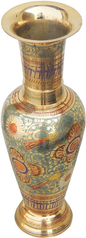 Brass Gift Center Brass Flower Vase With Handwork Brass Vase  (11.5 inch, Multicolor)