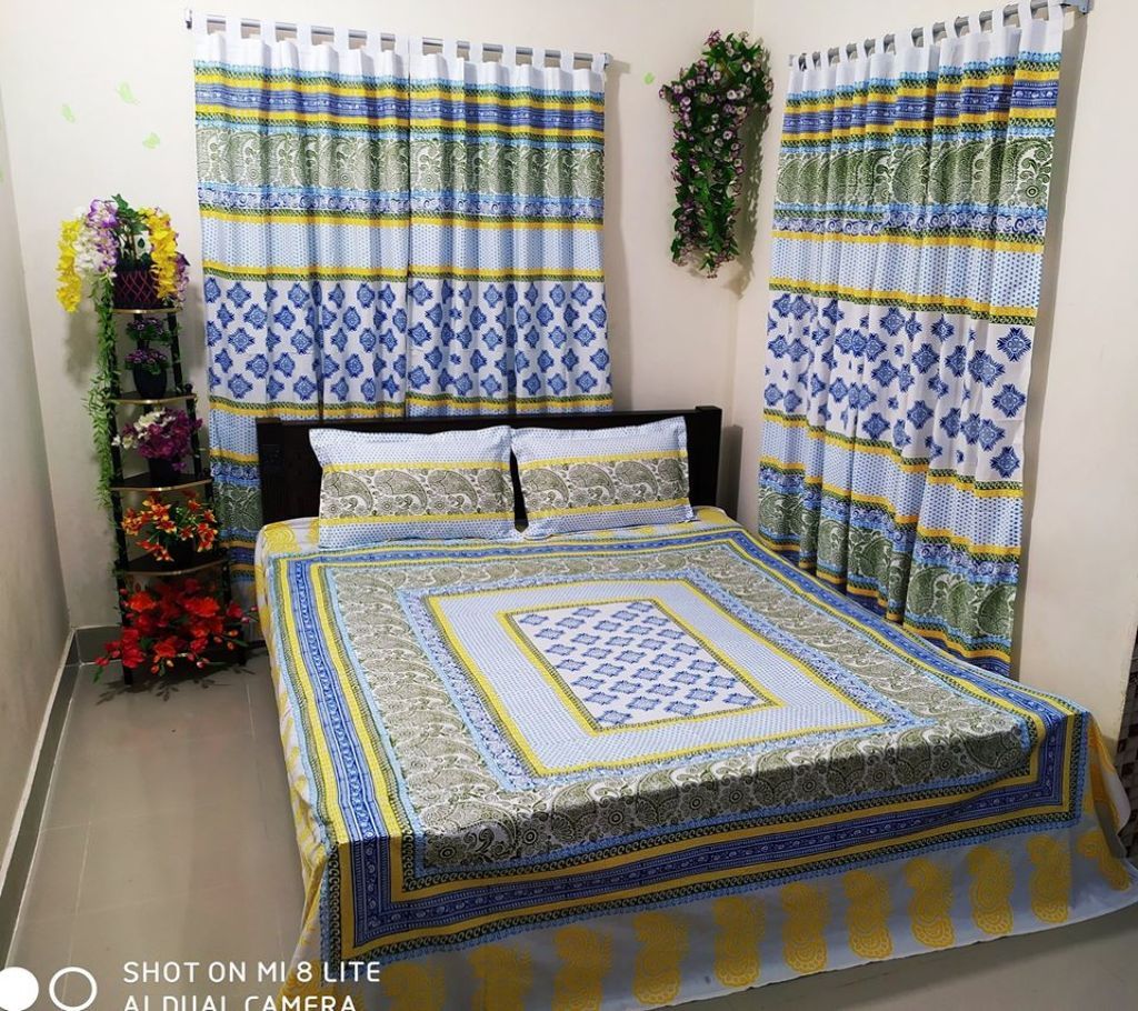 King Size Cotton Multi colors  Block Printed Bed Sheet with Matching 2 Pillow Covers-41