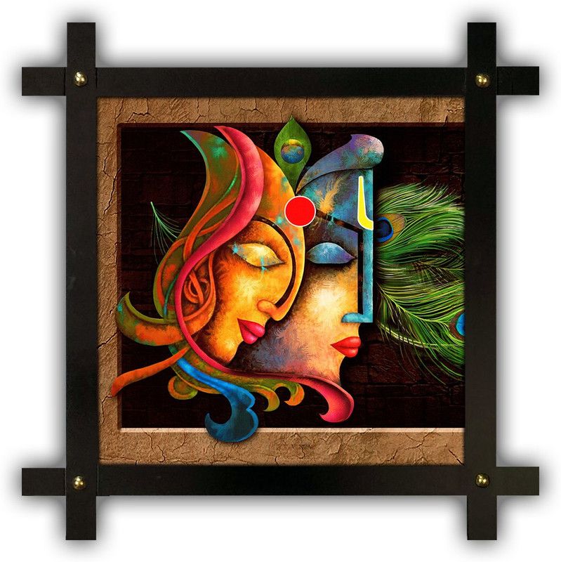 Poster N Frames Cross Wooden Frame Hand-Crafted with photo of Radha Krishna 17464 Digital Reprint 16.5 inch x 16.5 inch Painting  (With Frame)
