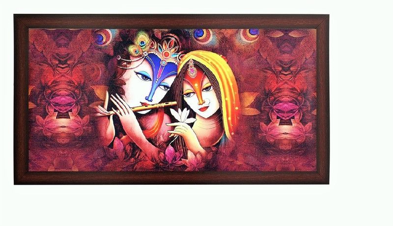Sparkle Print Photo Of Modern Art Radha-Krishna In Brown Wooden Frame Big Fine Art Print  (12 inch X 22 inch, Framed)
