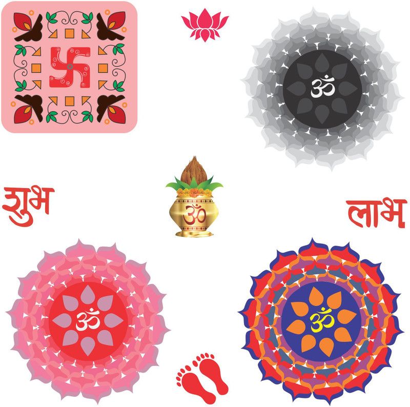 Decoration Designs 30 cm Floral Rangoli Combo Sticker for Diwali with ative KalGDh and Shubh Labh _GD573 Self Adhesive Sticker  (Pack of 9)