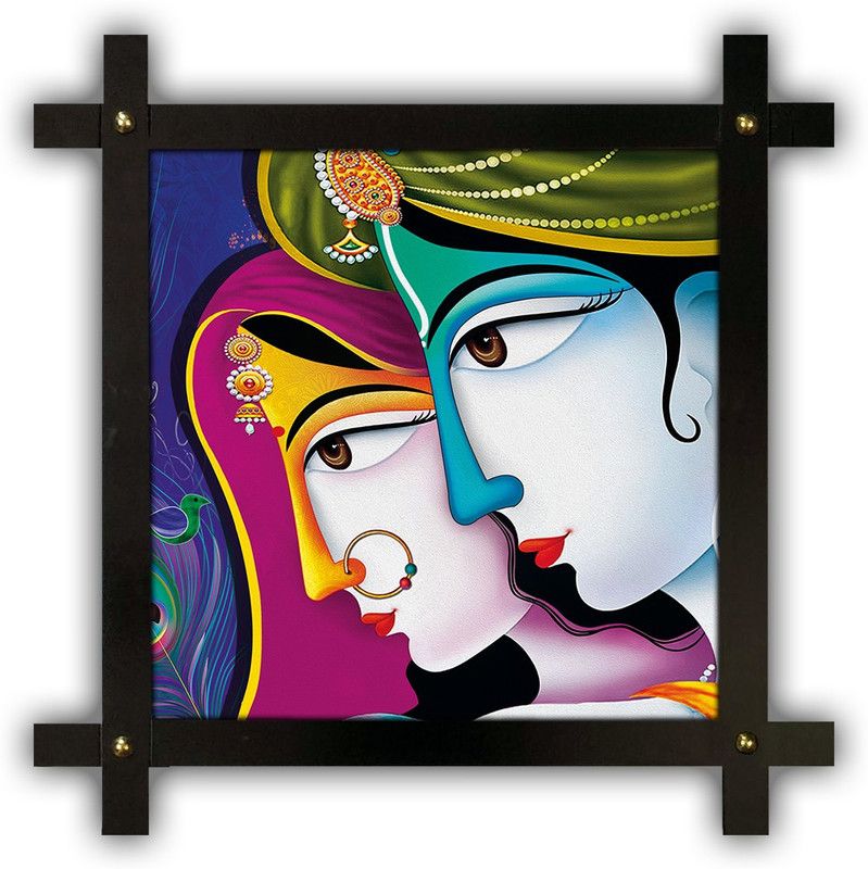 Poster N Frames Cross Wooden Frame Hand-Crafted with photo of Radha Krishna 14868 Digital Reprint 16.5 inch x 16.5 inch Painting  (With Frame)