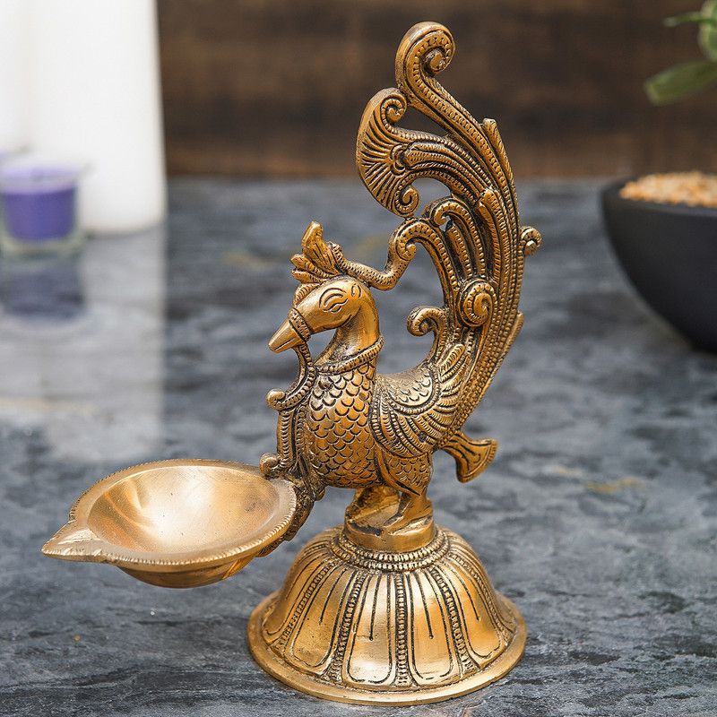 StatueStudio Brass Diya Peacock Diya Pooja Oil Lamp for Home Decor Light Lamp Diwali Gift Brass Table Diya  (Height: 7 inch)