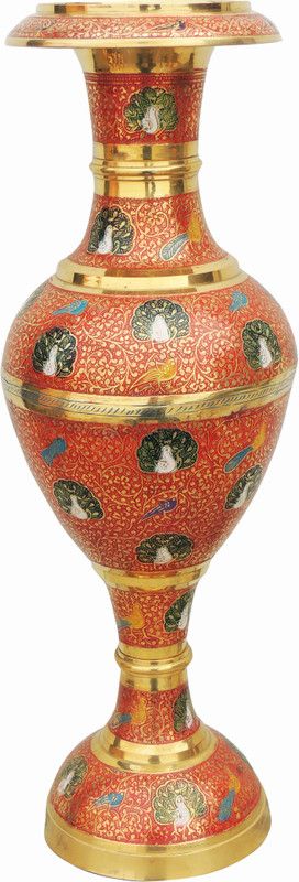 Brass Gift Center Flower pot with ahdnwork Brass Vase  (18.8 inch, Red)
