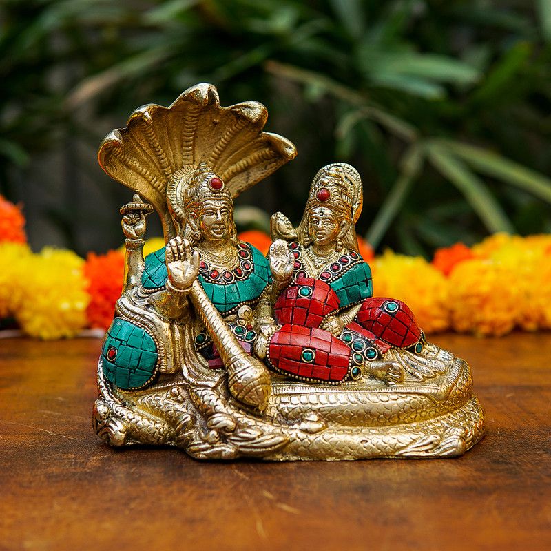 StatueStudio Vishnu Laxmi Idol Brass Vishnu Idol with Lakshmi Statue for Home Décor & Gift Decorative Showpiece - 16.51 cm  (Brass, Multicolor)