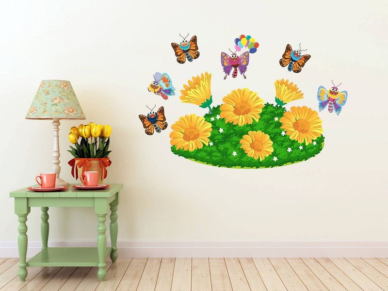 Dumdic 80 cm Nice Yellow Flower & Butterfly Multicolor Large Vinyl Wallsticker(80 cm x 50 cm) Self Adhesive Sticker  (Pack of 1)