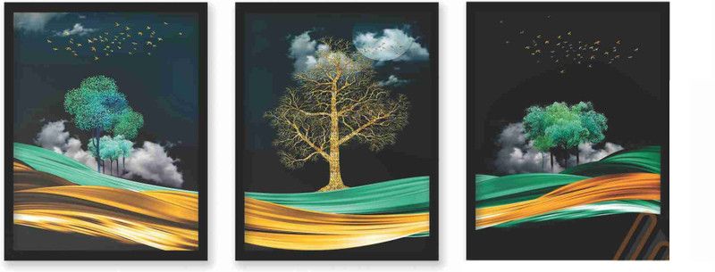 ArtMania Set of 3 Nature Modern Art Double Framed Canvas Wall Painting for Wall Décor Canvas 16 inch x 13 inch Painting  (With Frame)