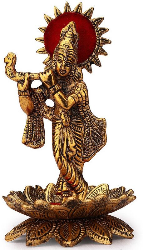 White Box White Box Oxidised Metal Lotus Krishna With Flute Golden Finish Spiritual Showpiece Item For Home Puja Decor (8.5X8.5X16 cm, Gold) Decorative Showpiece - 16 cm  (Metal, Gold)