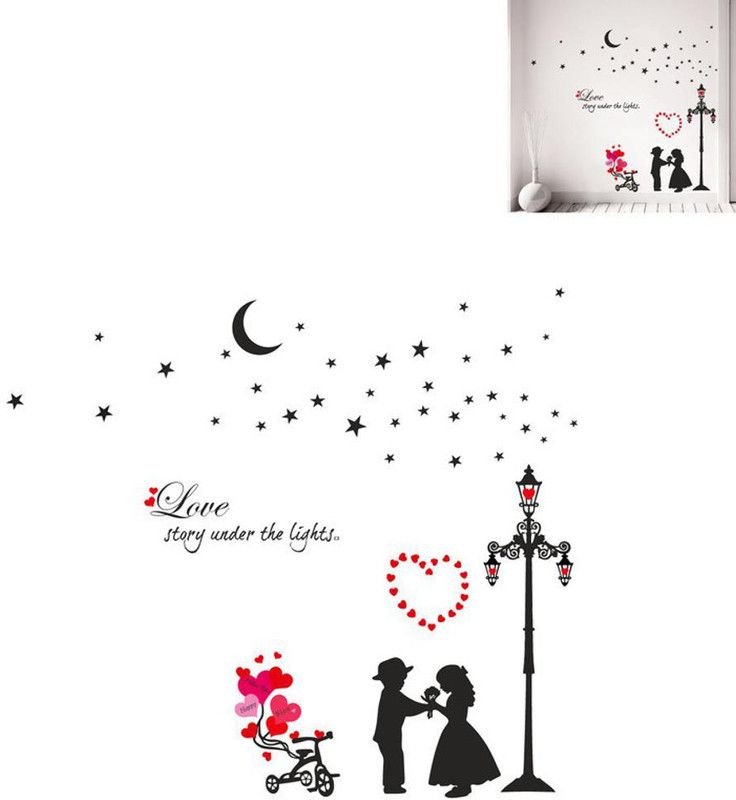 Kanha Enterprises 136 cm Decorative Romantic Couple Under Street Lamp Love Quote Hearts Wall Sticker Multicolor Pvc Vinyl Self Adhesive Sticker  (Pack of 1)