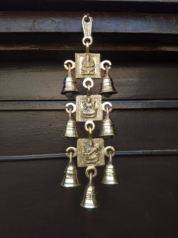 athizay Door hanging Lord Ganesh Lakshmi Saraswati with bells  (Golden)