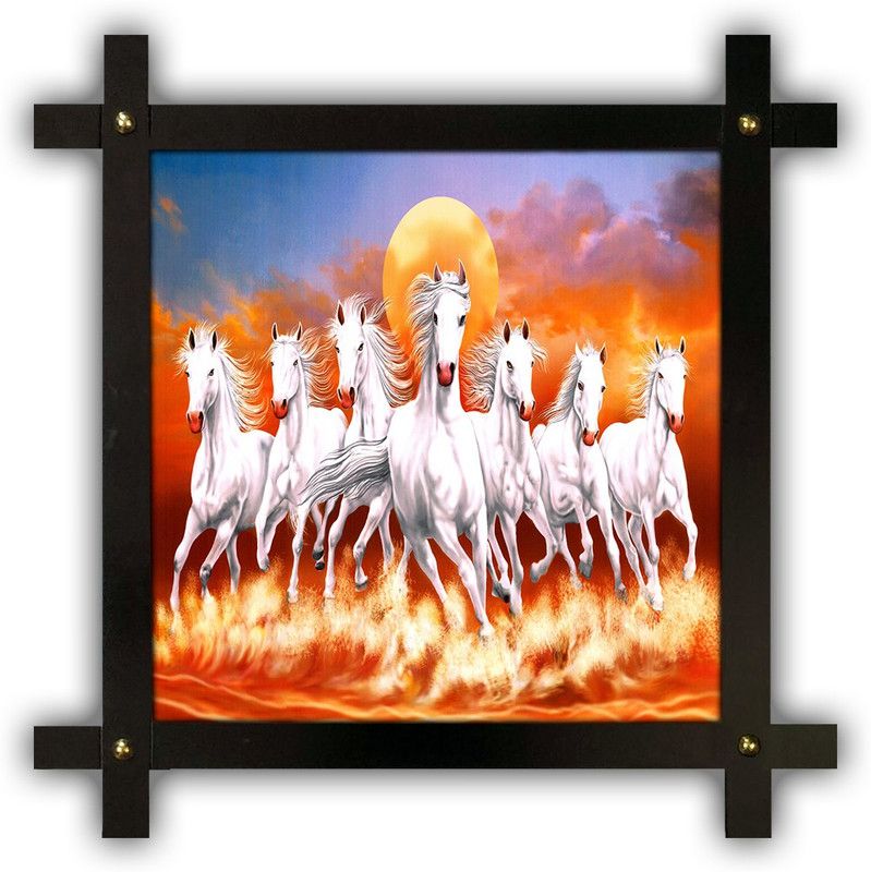 Poster N Frames Cross Wooden Frame Hand-Crafted with photo of vastu 7 (Seven) Horse 17507 crossframe Digital Reprint 16.5 inch x 16.5 inch Painting  (With Frame)
