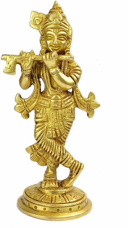 vrindavan shopi Brass Lord Krishna Idol Statue Decor Figurine Krishna Janmashtami Gifts 500gms Decorative Showpiece - 9 cm  (Brass, Gold)