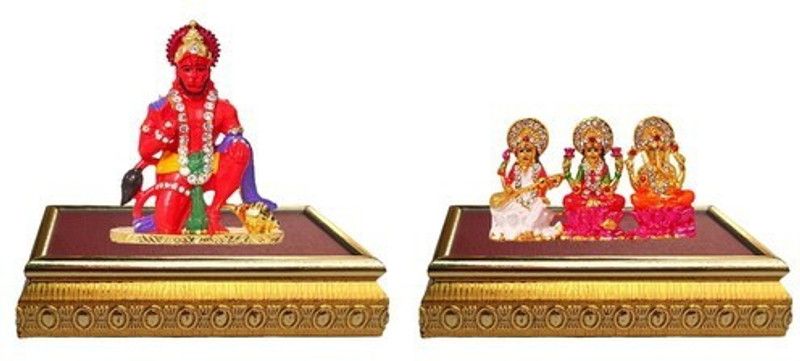 BEI Set of 2 with wooden base Lord Hanuman Mandir Home Decor God Statue & Goddess Laxmi Lord Ganesha Maa Saraswati Idol - Statue Gift Item Decorative Showpiece Decorative Showpiece - 7 cm  (Brass, Multicolor)