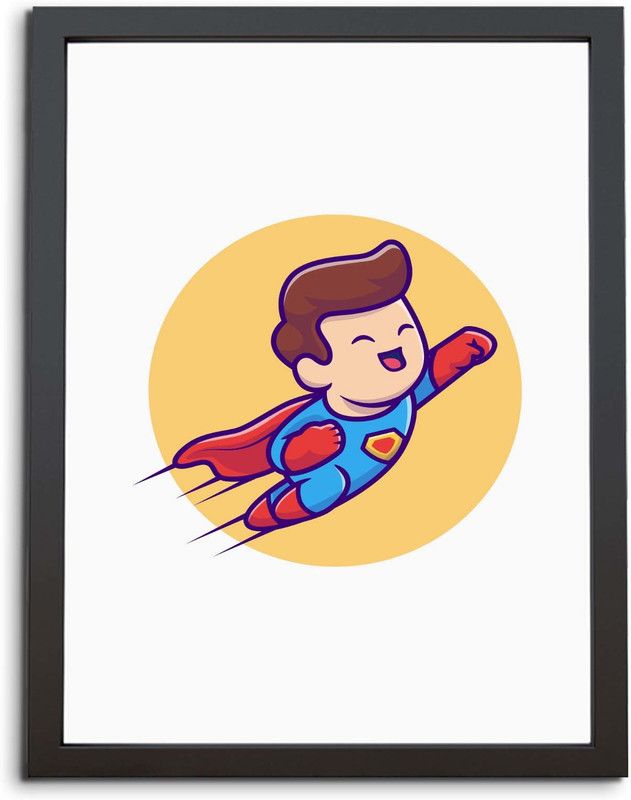 TheKarkhana Cute Little Superman Flying Superhero (Laminated Without Glass) Digital Reprint 12 inch x 8 inch Painting  (With Frame)