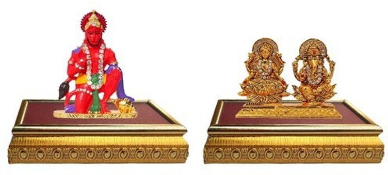 BEI Set of 2 with wooden base Lord Hanuman Mandir Home Decor God Statue & Goddess lakshmi / Laxmi & Lord Ganesha Idol God Statue Gift Item Decorative Showpiece Decorative Showpiece - 9 cm  (Brass, Multicolor)