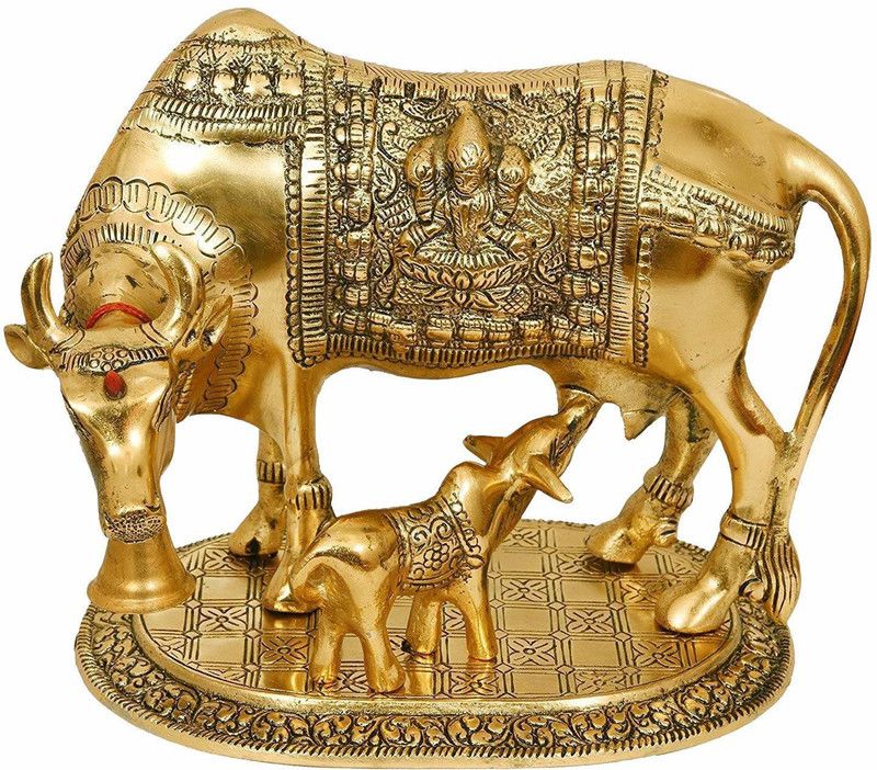 Pinkcity Forever Kamdhenu Cow and Calf Decorative Showpiece Decorative Showpiece - 13 cm  (Metal, Gold)