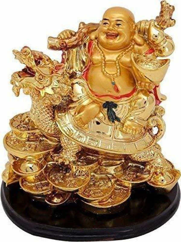 Jakha Feng Shui Laughing Buddha on Dragon for Remove Bad Luck Decorative Showpiece - 8 cm  (Polyresin, Gold)