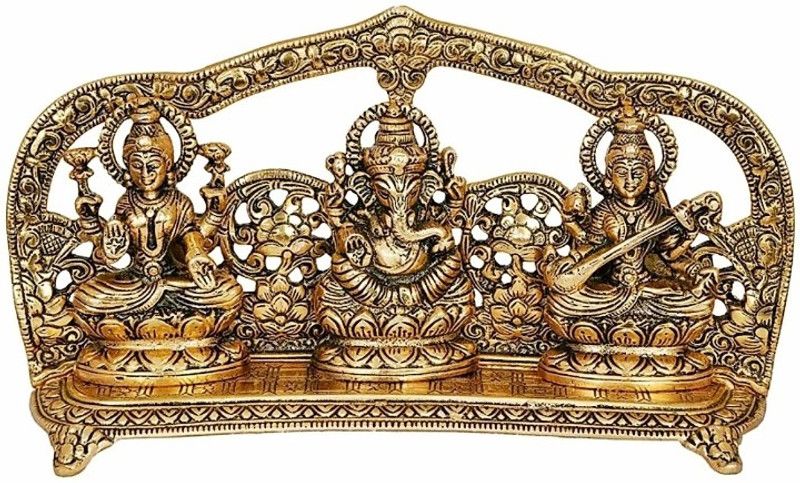 Khadak Crafts Laxmi Ganesh Saraswati Idol Decorative Showpiece - 12 cm  (Aluminium, Gold)