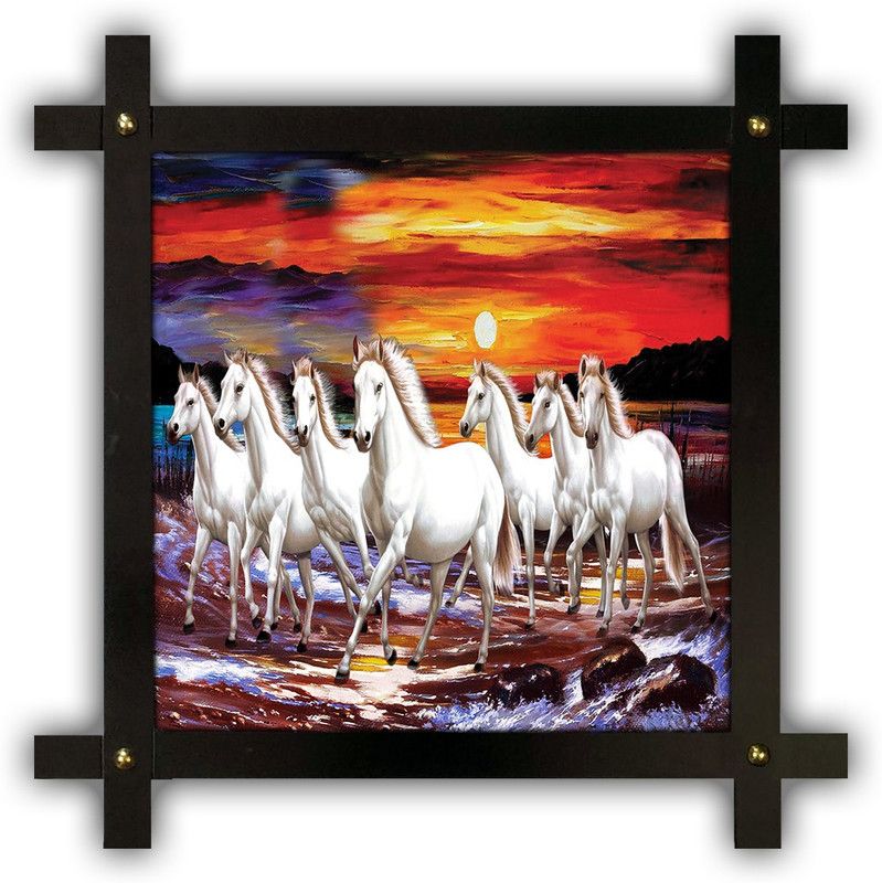 Poster N Frames Cross Wooden Frame Hand-Crafted with photo of vastu 7 (Seven) Horse 5994 crossframe Digital Reprint 16.5 inch x 16.5 inch Painting  (With Frame)