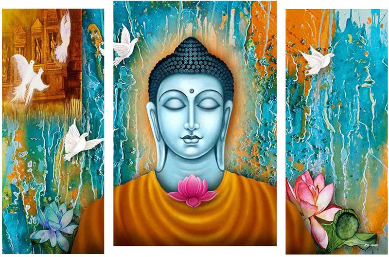 Craft Junction Modern Art 6 MM MDF Set of 3 Lord Buddha Design Self Adhesive Digital Reprint 12 inch x 18 inch Painting  (With Frame, Pack of 3)