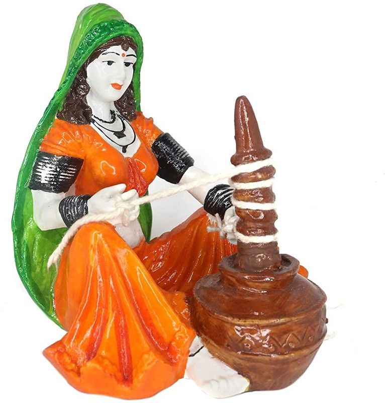 KC PRODUCTS Rajasthani Lady Using Makhan Handi/Chaas Polyresin Statue (10 cm x 12.5 cm x 15 cm) Decorative Showpiece - 12 cm  (Polyresin, Multicolor)