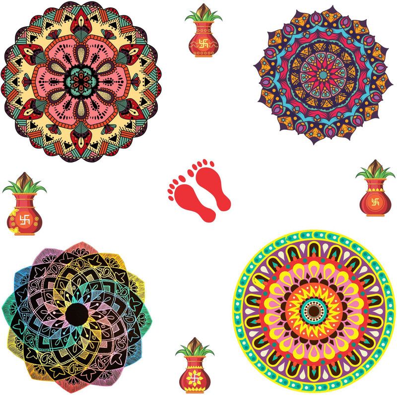 Decoration Designs 30 cm Floral Rangoli Combo Sticker for Diwali with KalGDh _GD591 Self Adhesive Sticker  (Pack of 9)