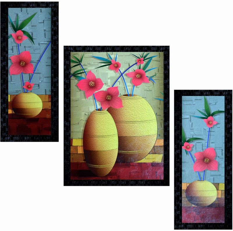 Janki Beautiful Best Decorative Flower Wall Paintings Set of 3 with Frame for Home D�cor and Living Room Canvas 14 inch x 11 inch Painting  (With Frame, Pack of 3)