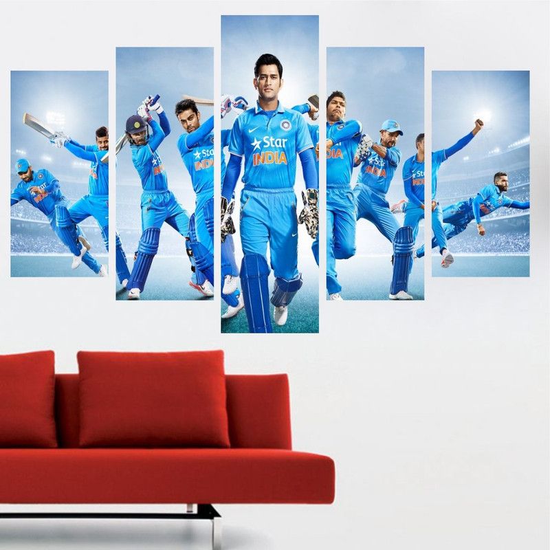 Saiii Designs 79 cm Ms Dhoni Team Five Piece Poster wall Covering Area-(W 79 X H 49) Self Adhesive Sticker  (Pack of 5)