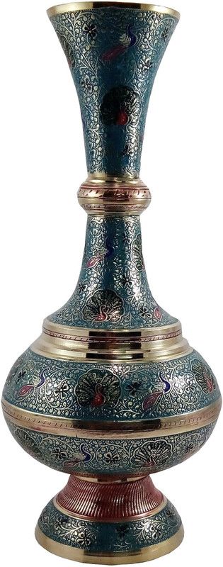 MOZO HUB MOZO HUB Brass Sky Blue Flower vase Arbi Surai pattern 39 cm Brass Vase  (15 inch, Blue)