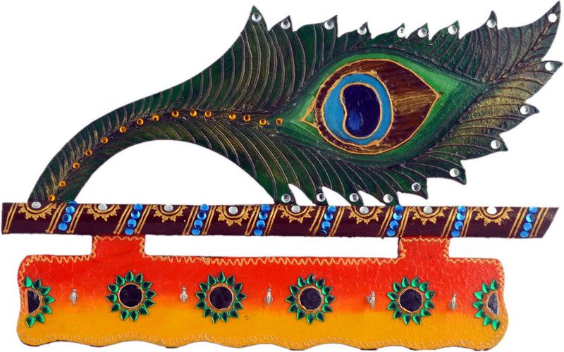 Janki Janki Handmade Handicraft Wooden Peacock Pankh and flute design Art Work key holder key stand for Wall Wood Key Holder  (5 Hooks, Multicolor)