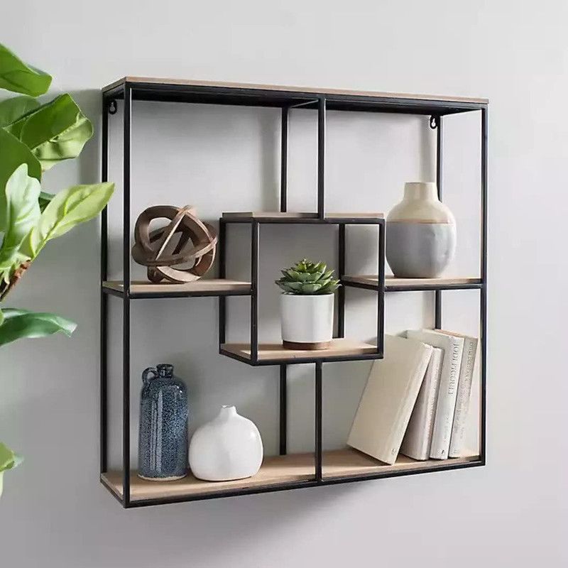 DDecorware Modern Square Shaped Wall Mount Shelf With square in square design Iron, Wooden Wall Shelf  (Number of Shelves - 7, Black, Brown)