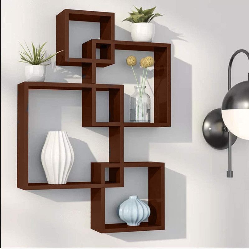 HAMMAD FURNITURE Wall Shelf Intersecting Shape Wall Mounted Hanging Shelf set of 4 MDF (Medium Density Fiber) Wall Shelf  (Number of Shelves - 4, Brown)