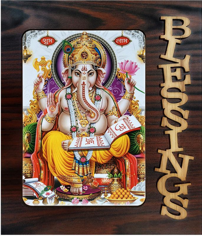 Poster N Frames Decorative Blessings Hand Crafted Wooden table with photo of Ganeshji 20367 Digital Reprint 9 inch x 7.75 inch Painting  (With Frame)