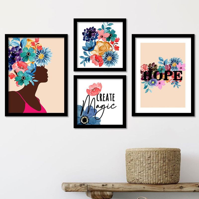 Floral Theme Modern Wall Art Paintings for Living Room ,Bedroom / Floral Design Poster with Quote ' Create Magic' for Home Decor (11 inch x 14 inch, Framed ) Multicolor, set of 4 Paper Print  (14 inch X 11 inch)