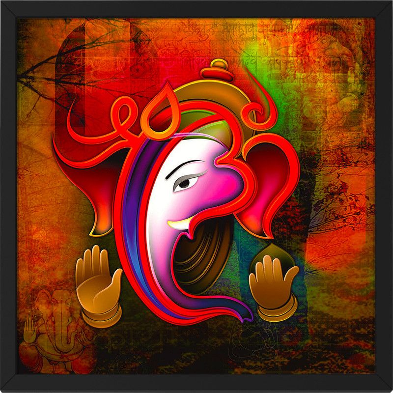 Ritwika's Ganesha Multicolored Religious Wall Art Framed Painting Digital Reprint 13.5 inch x 13.5 inch Painting  (With Frame)