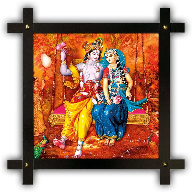 Poster N Frames Cross Wooden Frame Hand-Crafted with photo of Radha Krishna m-44 Digital Reprint 16.5 inch x 16.5 inch Painting  (With Frame)