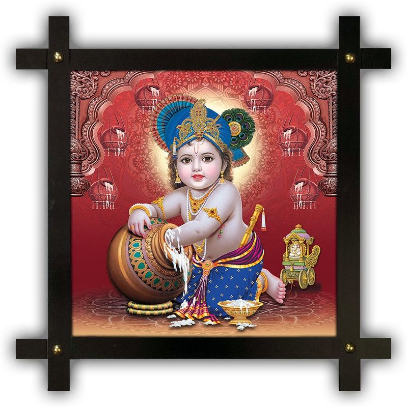 Poster N Frames Cross Wooden Frame Hand-Crafted with photo of Baby Krishna 20751-12x12-corssframe.jpg Digital Reprint 16.5 inch x 16.5 inch Painting  (With Frame)